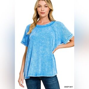 Zenana Washed Ribbed Cuffed Short Sleeve Round Neck Top